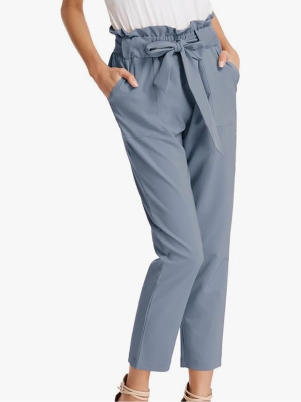 Grace Karin Dusty Blue Paperbag Waist Cropped Pants
